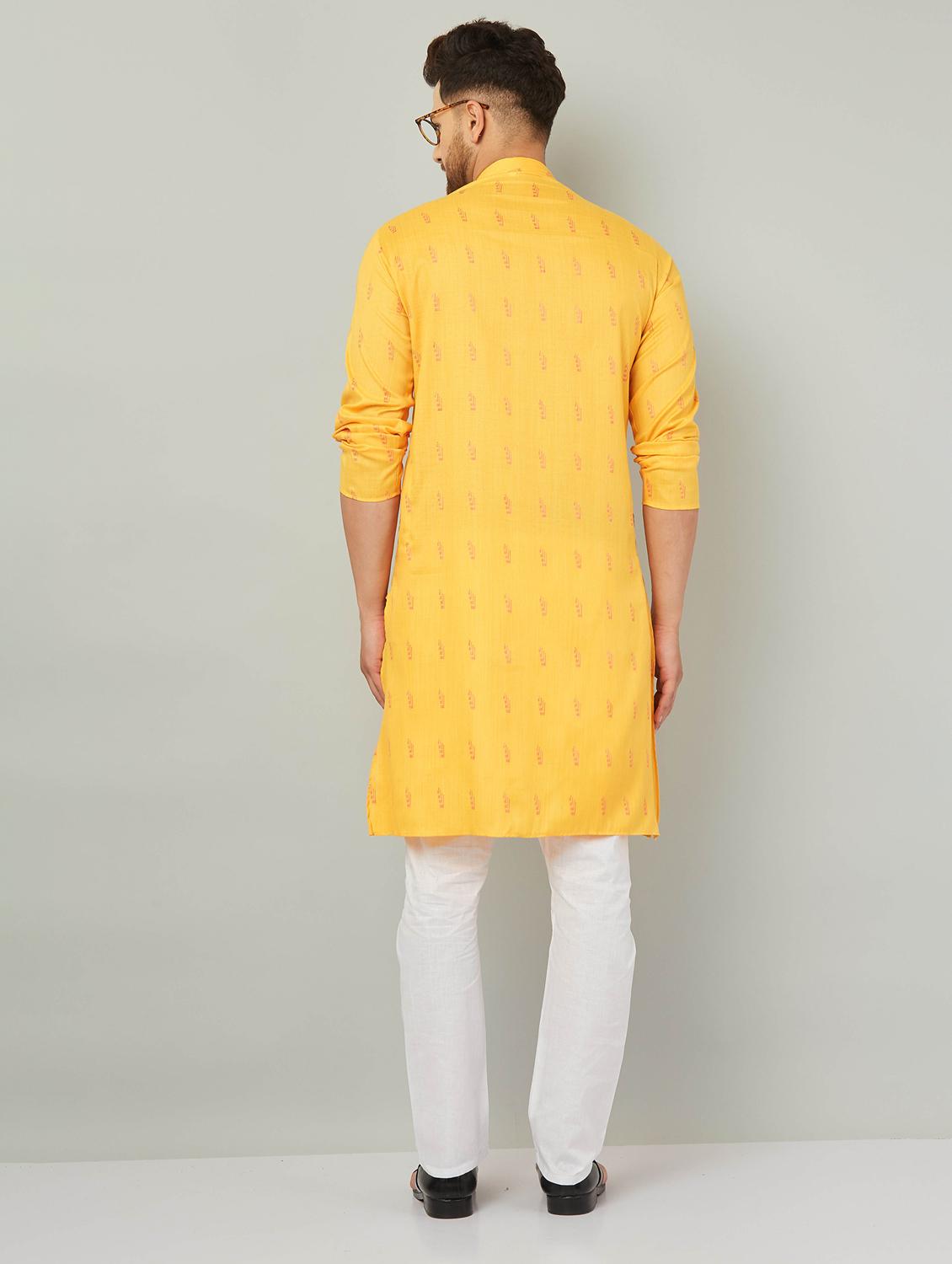 men yellow & white printed kurta pyjama set - 20625354 - Standard Image - 2