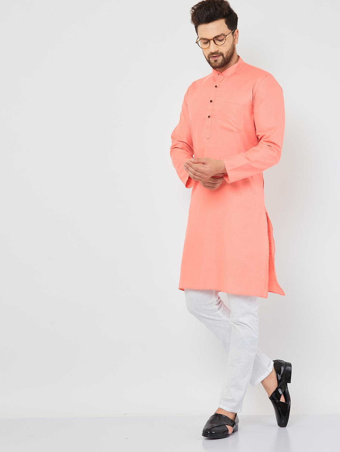 men light coral & white solid kurta pyjama set - 20625359 - Standard Image - 2