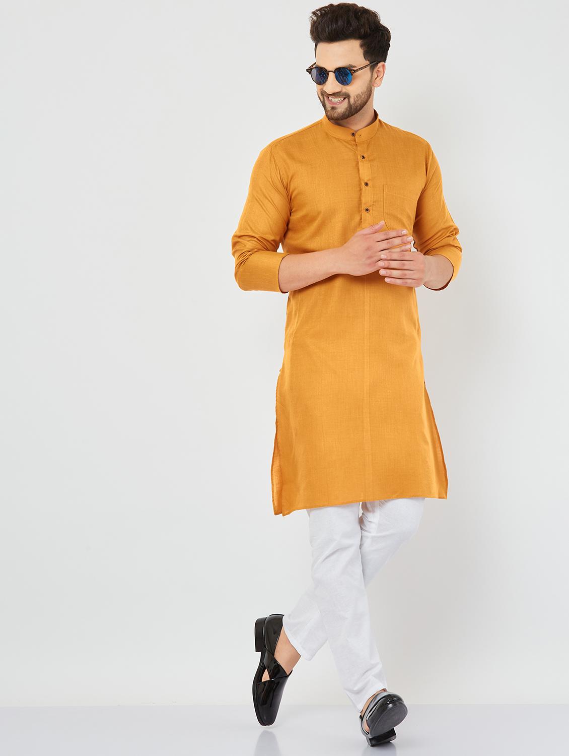 men mustard & white solid kurta pyjama set - 20625367 - Standard Image - 2