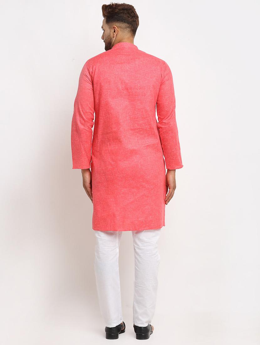 men coral & white solid kurta with trouser - 20625374 - Standard Image - 2