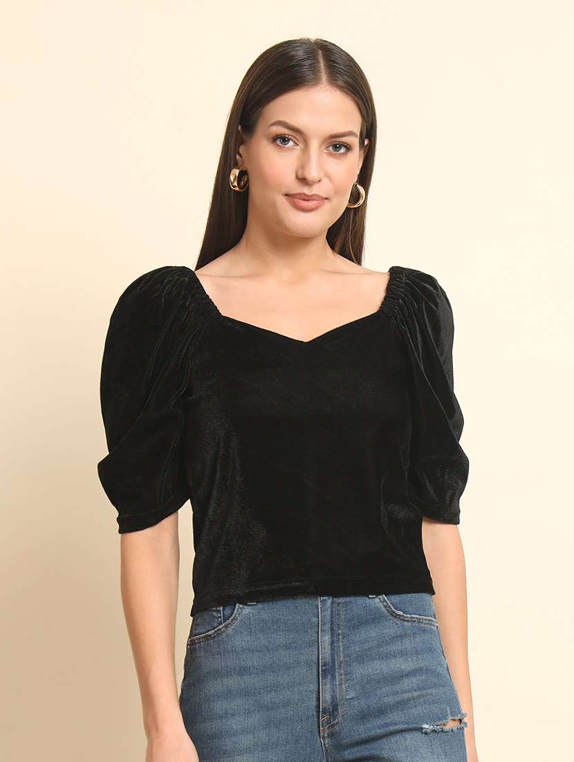 solid black puff sleeves regular top