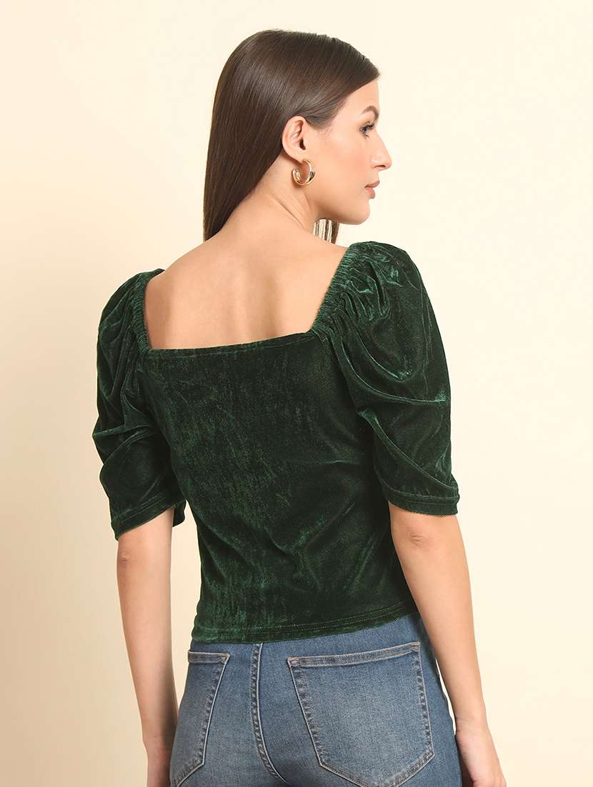 solid green puff sleeves regular top - 20627316 - Standard Image - 2