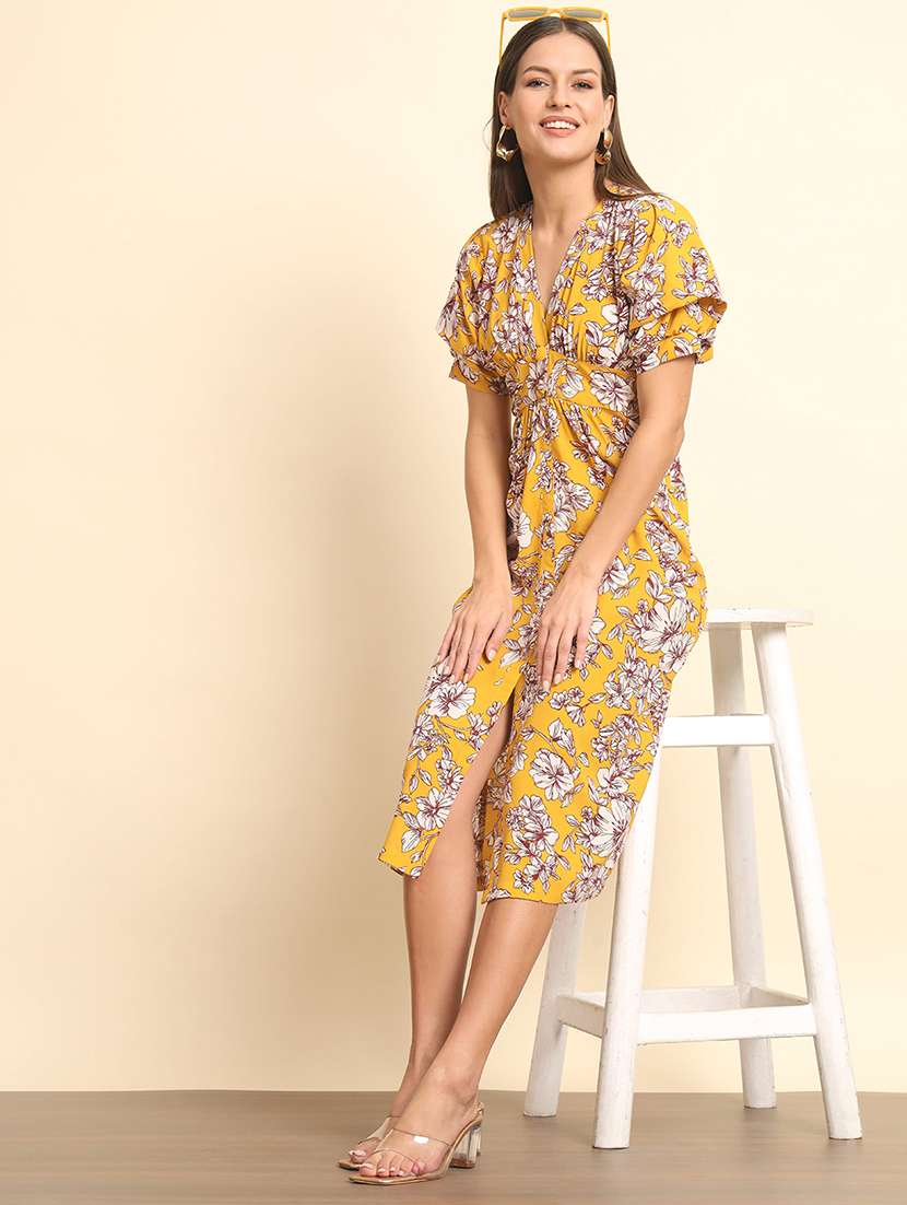 yellow floral printed detailed midi dress