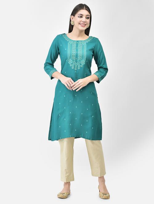 turquoise three quarter sleeve straight kurta - 20627471 -  Standard Image - 0