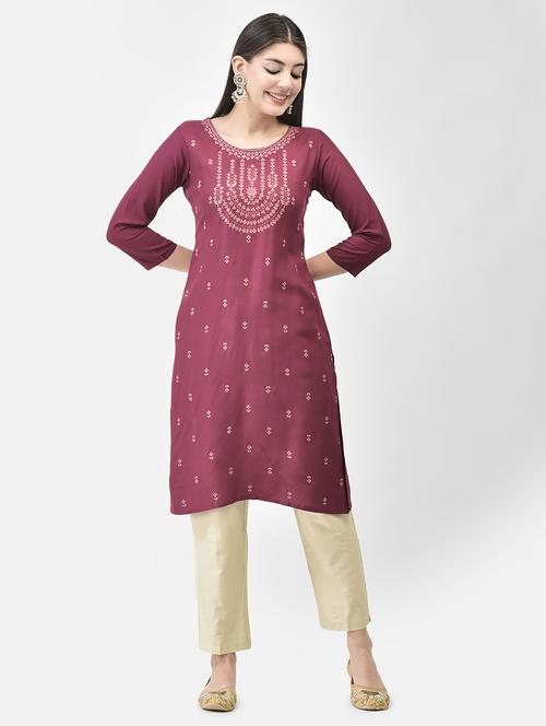 maroon three quarter sleeve straight kurta - 20627475 -  Standard Image - 0