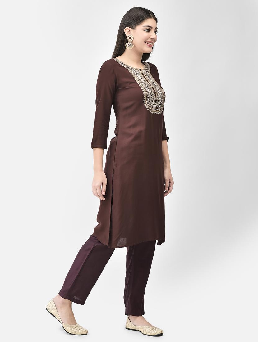 women brown round neck straight kurta - 20627477 - Standard Image - 2