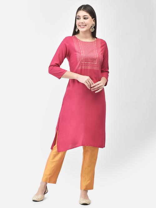 women pink round neck straight kurta - 20627478 - Standard Image - 0