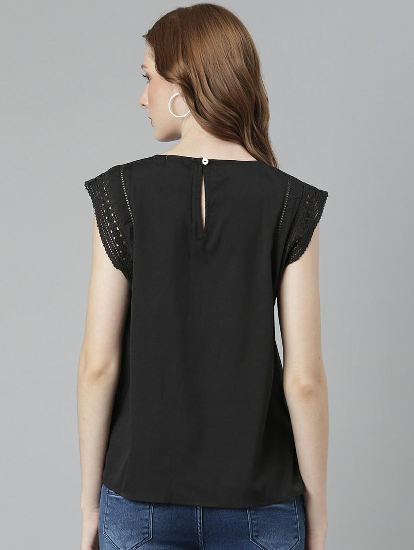 solid black lace detailed sleeves casual top - 20627919 - Standard Image - 2