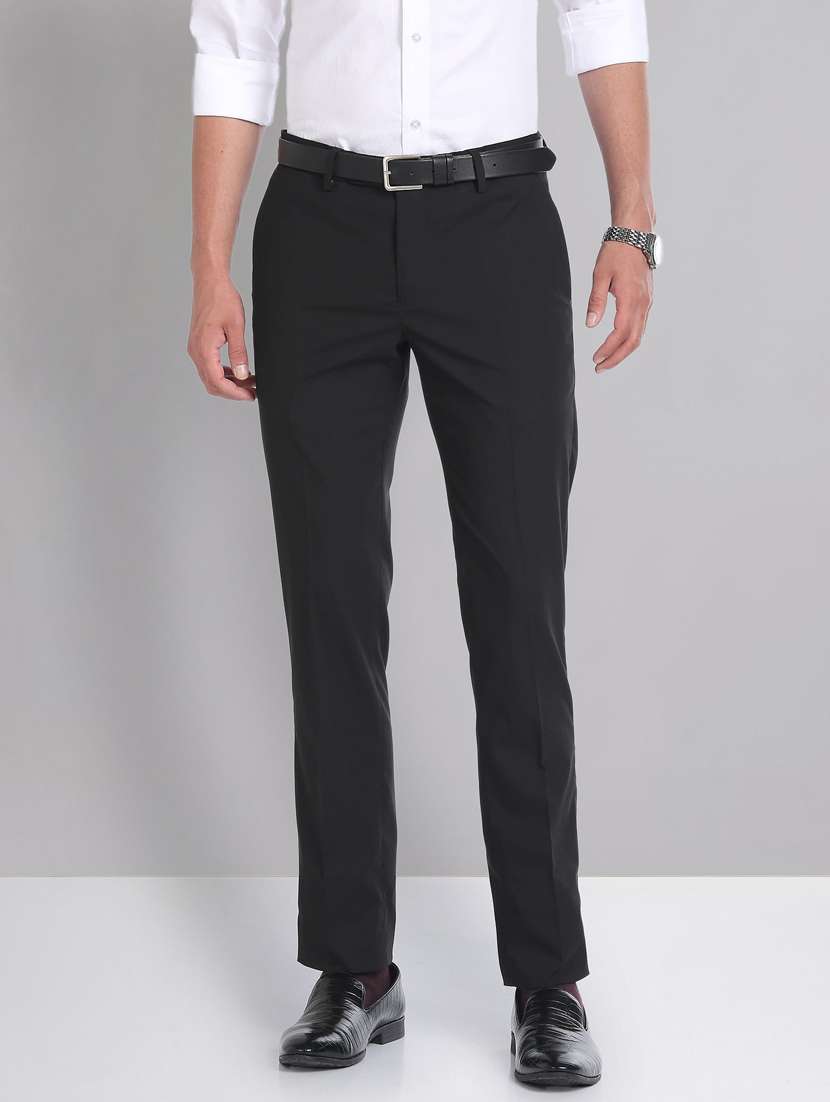 black polyester flat front trousers formal