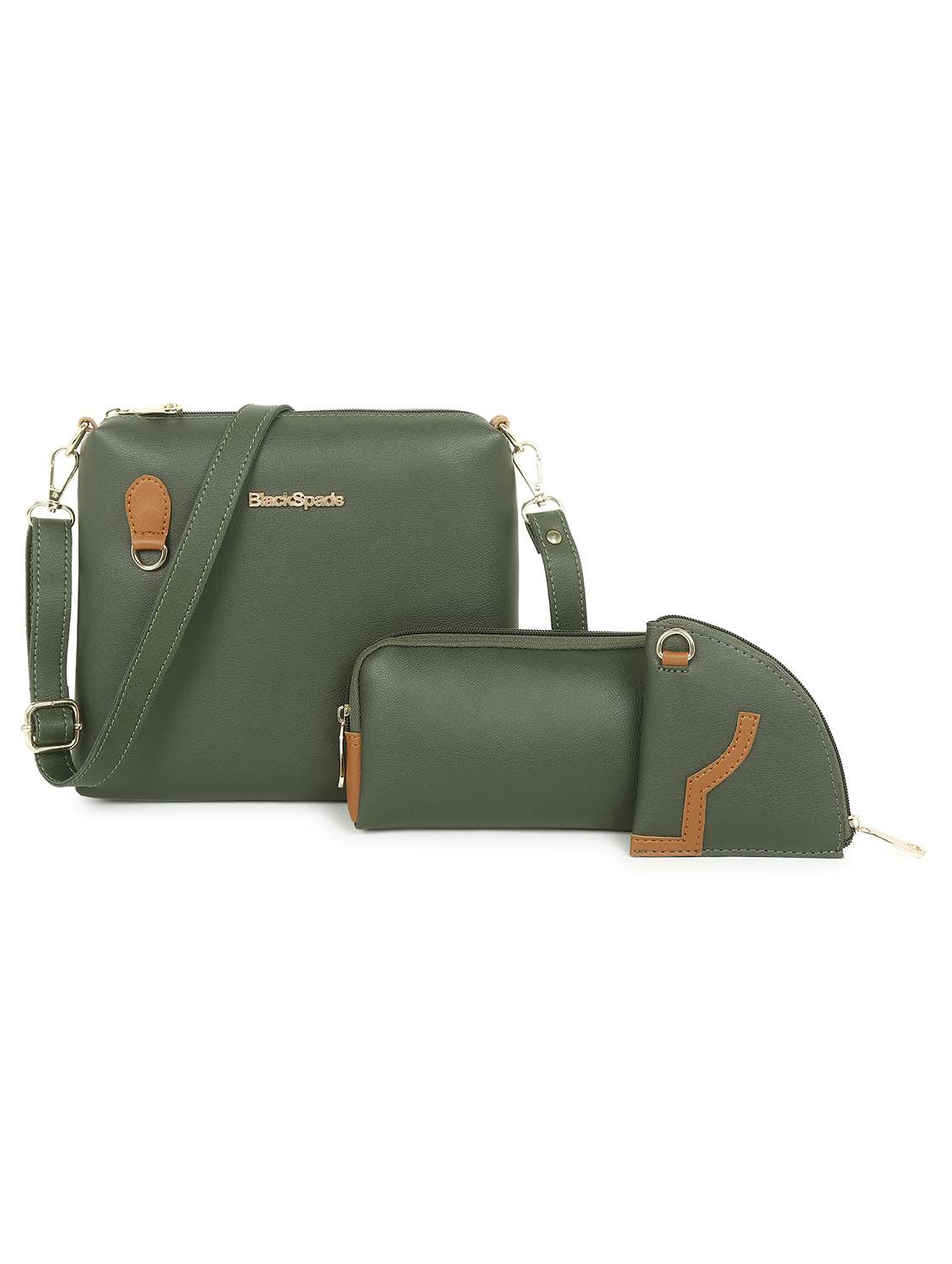 green set of 3 solid leatherette structured sling bag