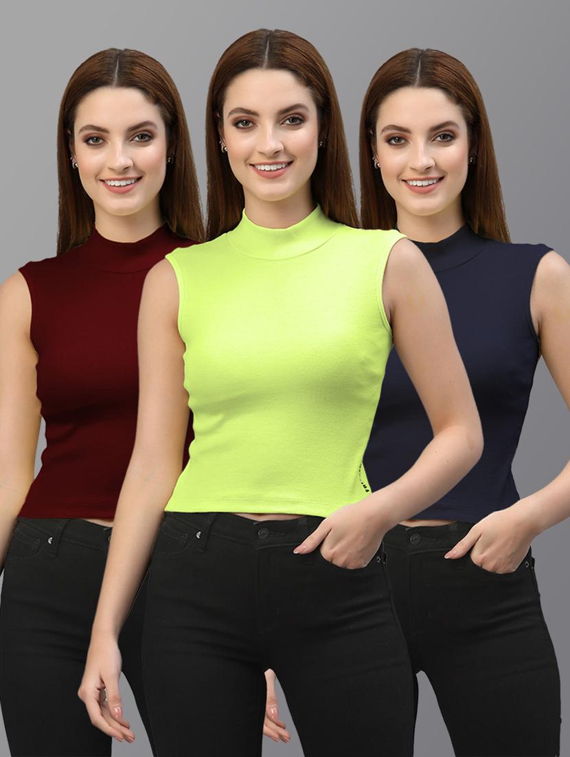 women set of 3 multi colored turtle neck crop tops - 20643969 - Zoom Image - 0