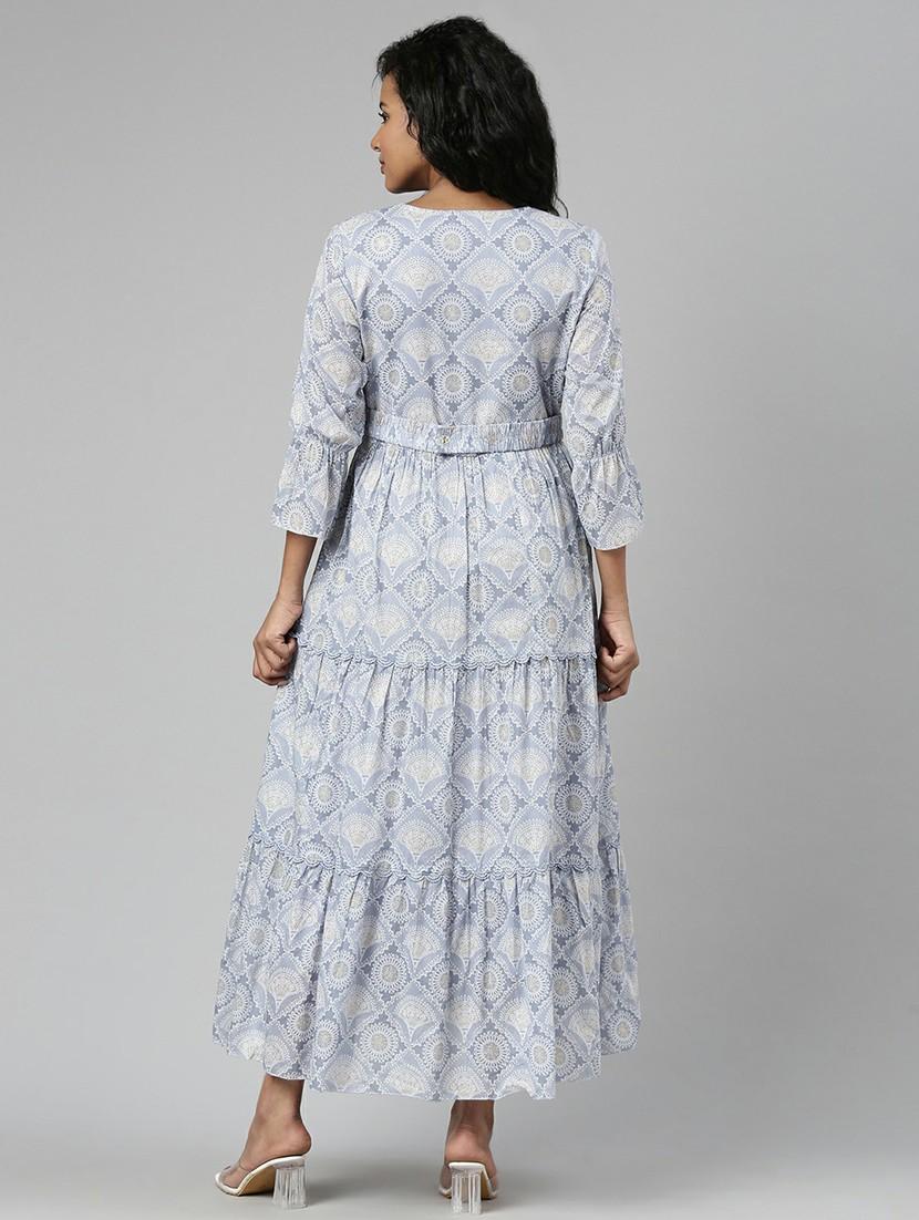 women blue printed v-neck tiered midi dress - 20643992 - Standard Image - 2