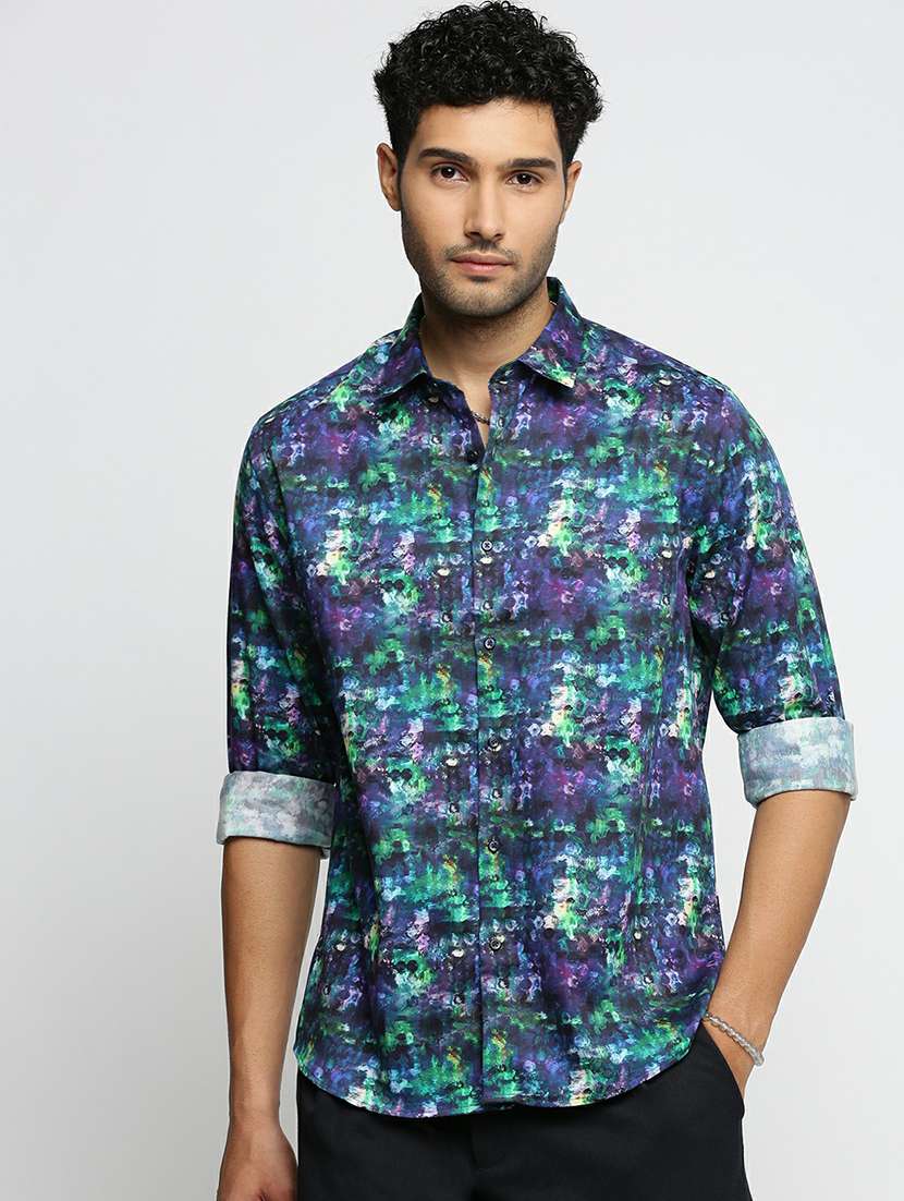 blue cotton blend casual shirt