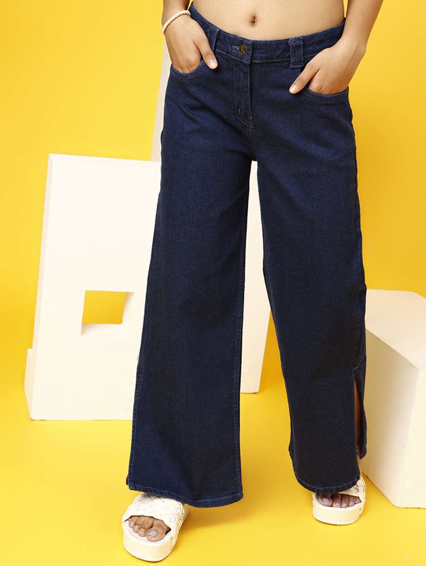 girls solid navy blue flared jeans