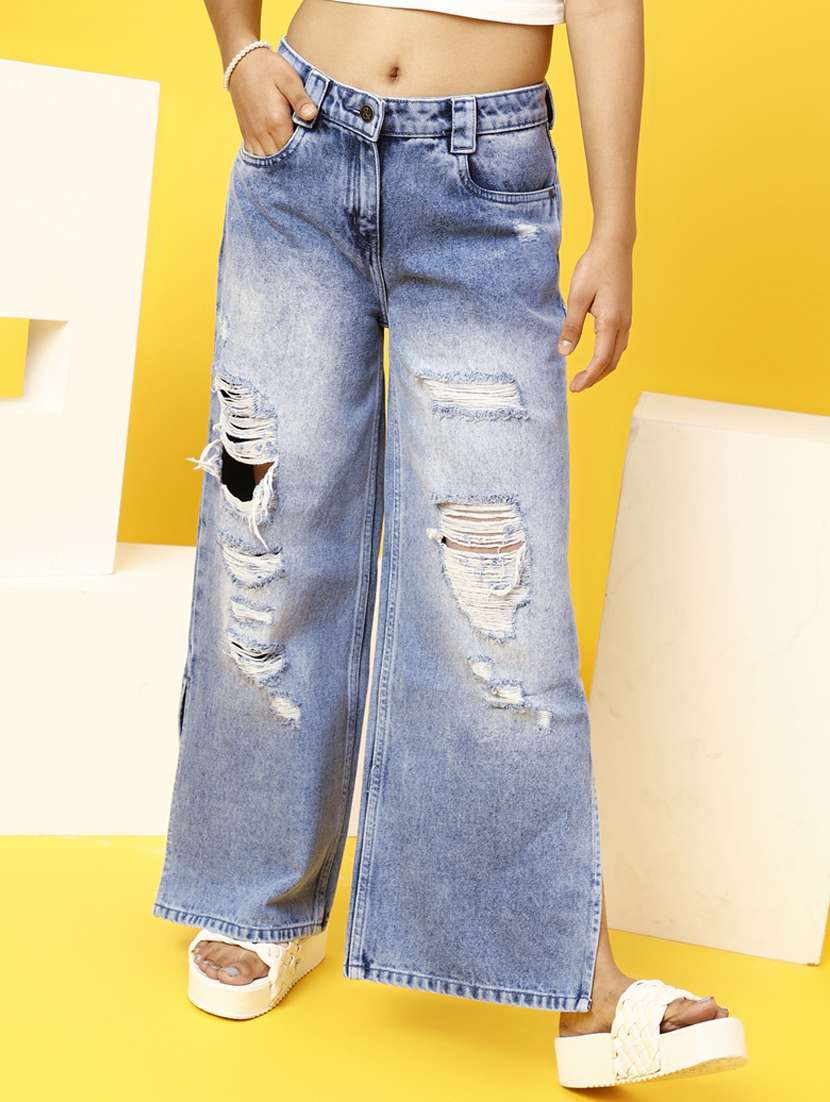 girls blue distressed flared jeans