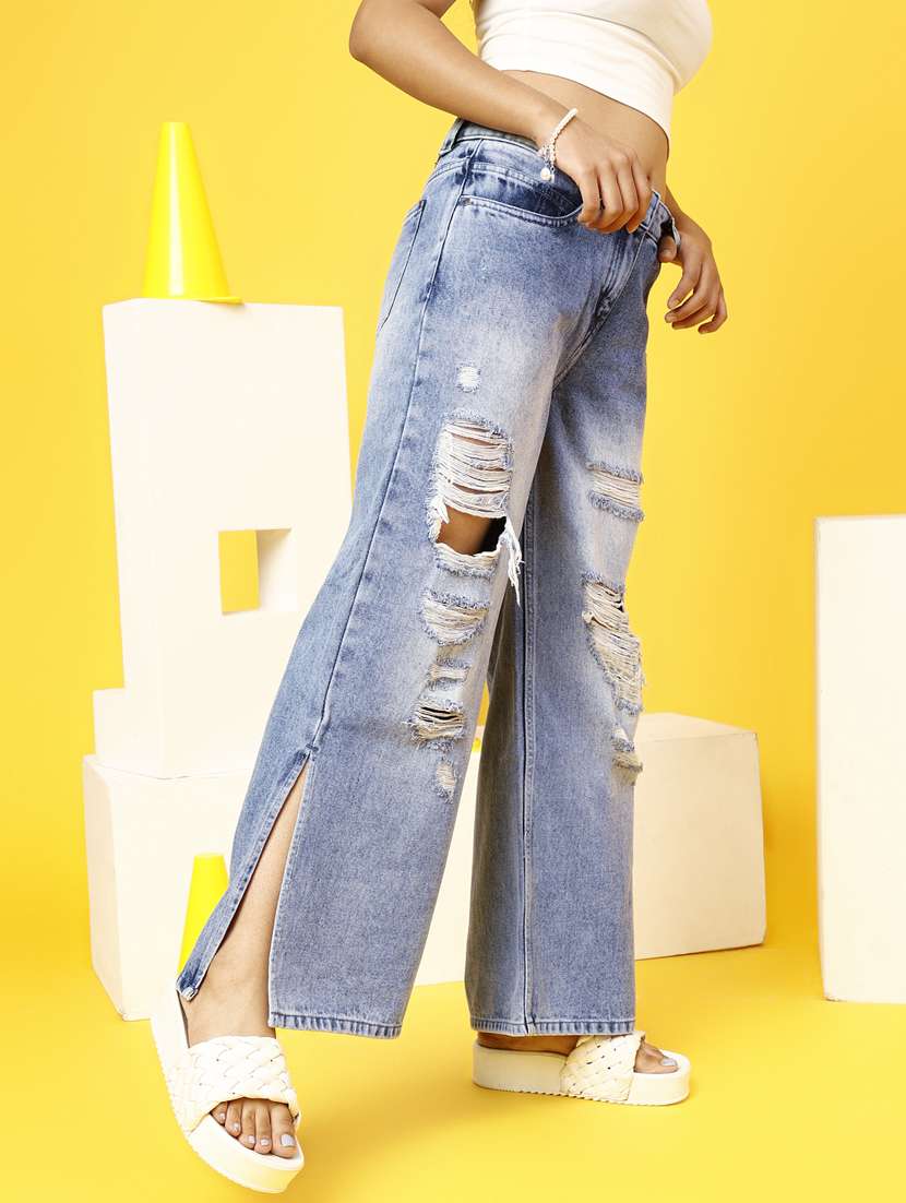 girls blue distressed flared jeans - 20644003 -  Standard Image - 2