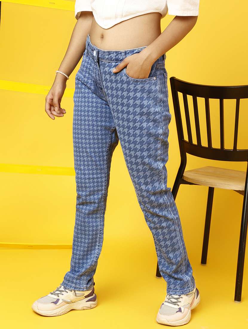 girls blue printed slim fit jeans - 20644006 -  Standard Image - 2