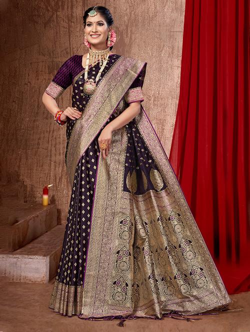 purple self design banarasi saree with blouse - 20644140 - Standard Image - 0