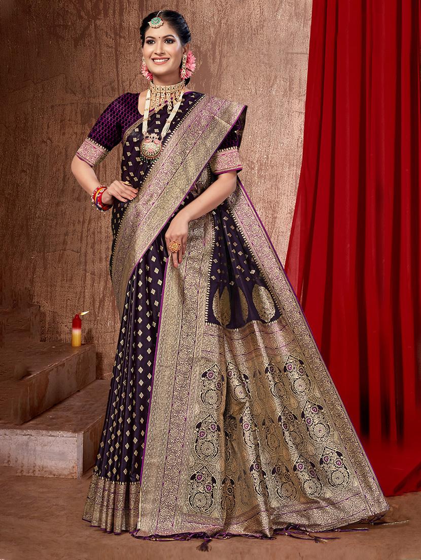 purple self design banarasi saree with blouse - 20644140 - Zoom Image - 0