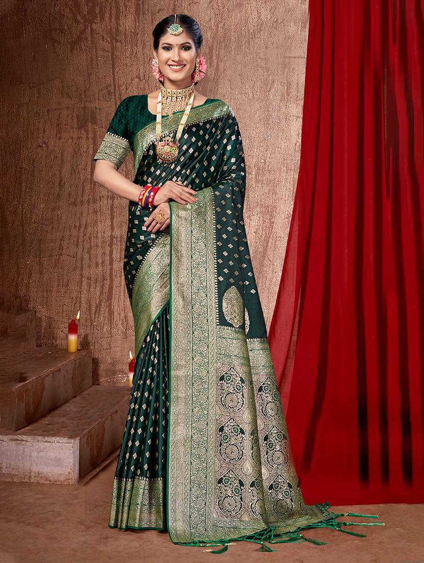 green self design banarasi saree with blouse - 20644141 -  Zoom Image - 0
