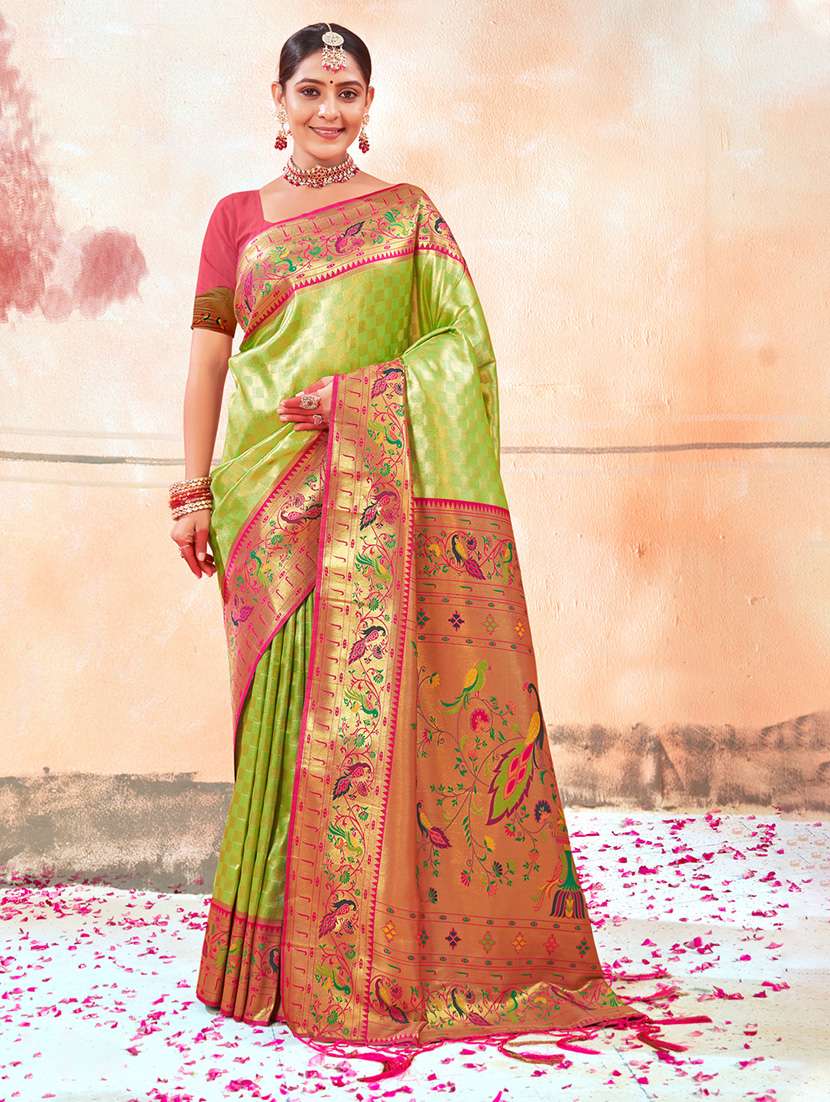 green self design banarasi saree with blouse