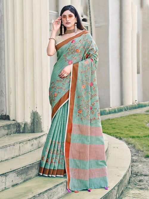 women green embroidered saree with blouse - 20644203 -  Standard Image - 0