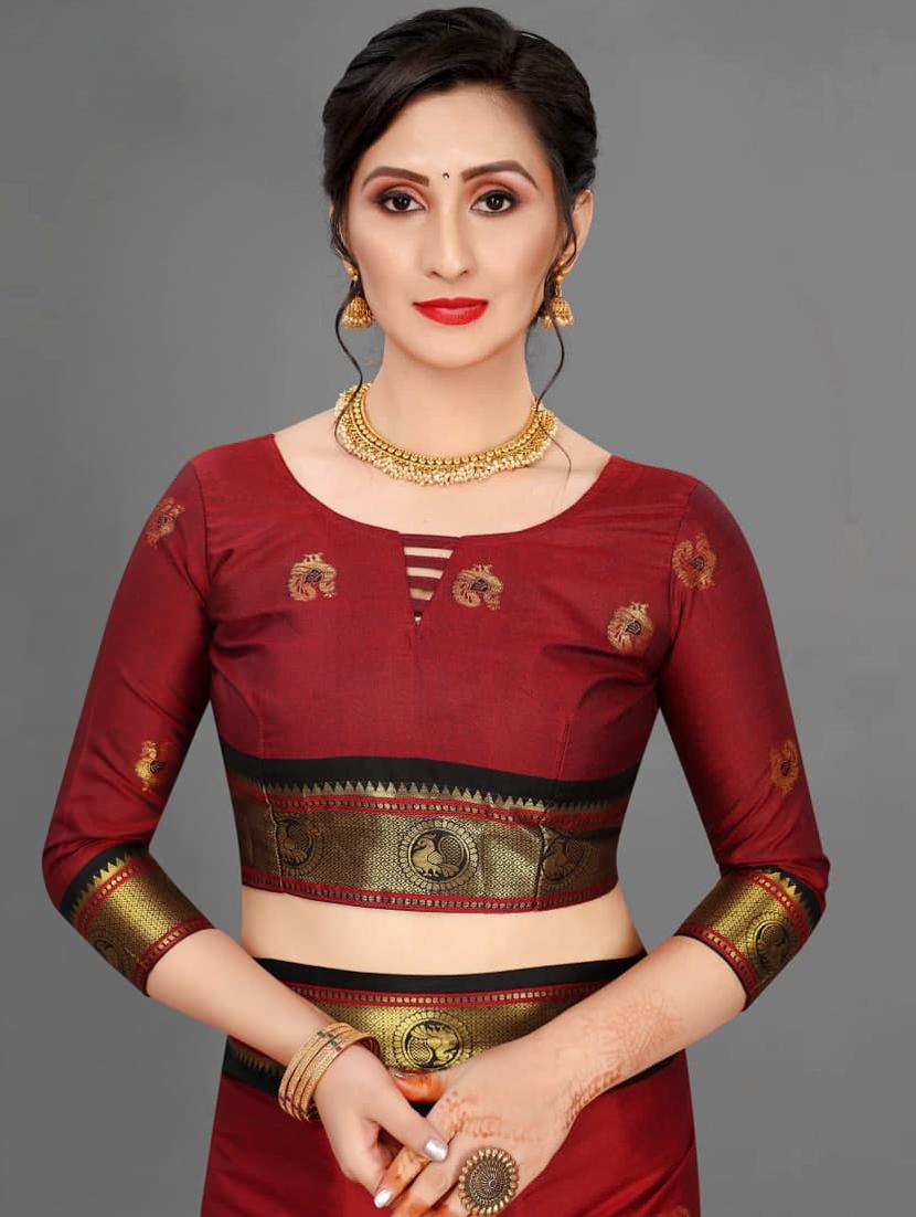 women maroon self design banarasi saree with blouse - 20644346 - Standard Image - 2
