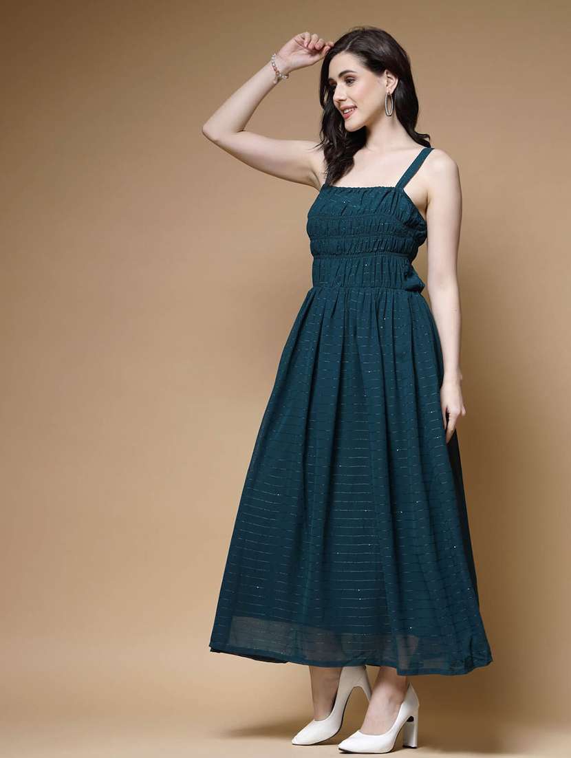 bottle green self design smocked maxi dress - 20644388 -  Standard Image - 2