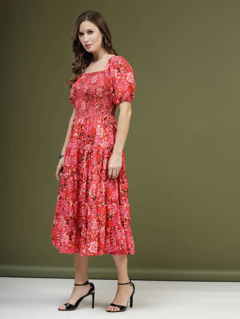 pink floral printed smocked detailed midi dress - 20644427 -  Standard Image - 2