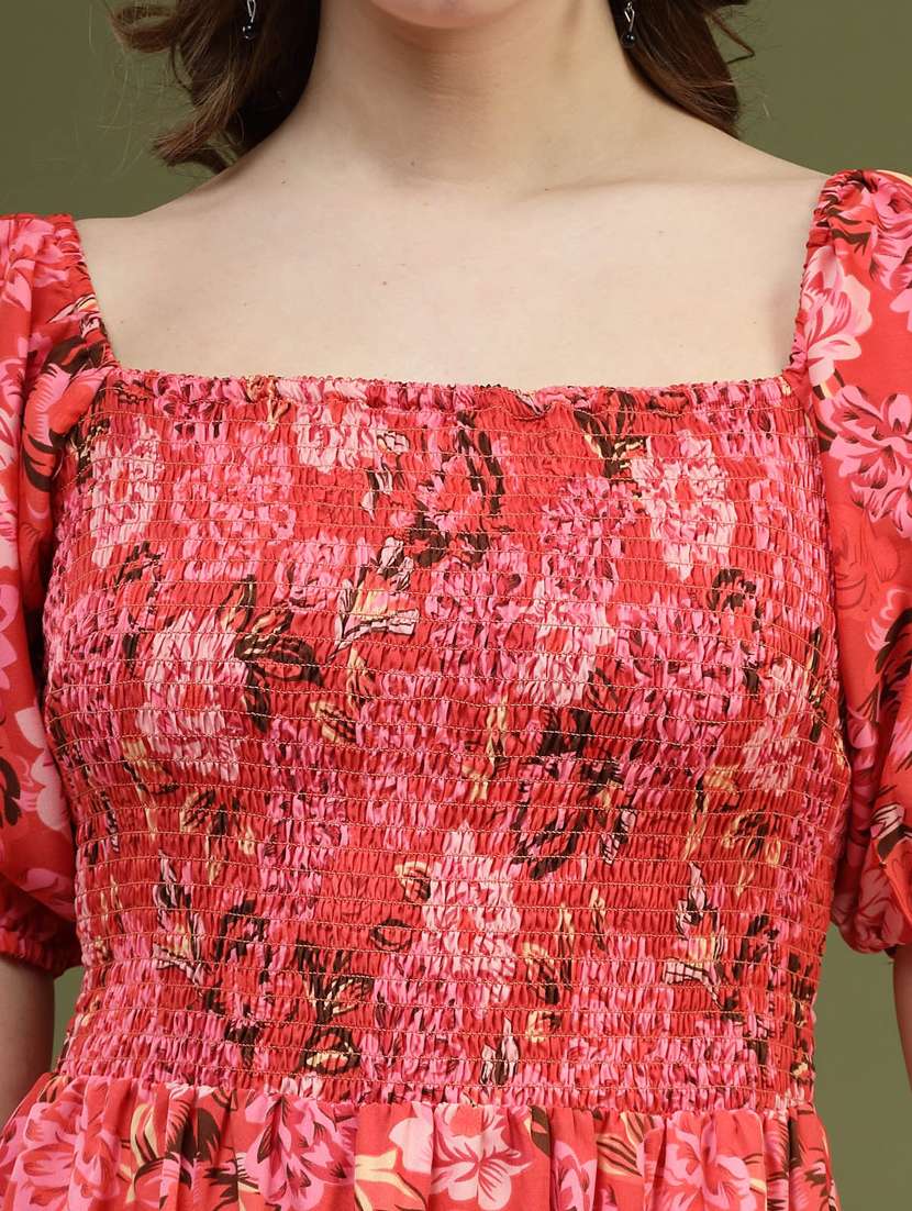 pink floral printed smocked detailed midi dress - 20644427 -  Standard Image - 7