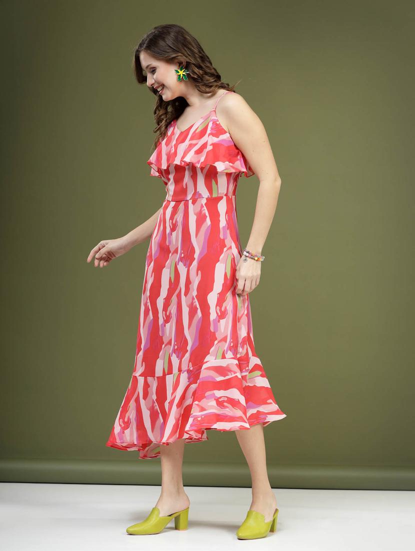 pink printed detailed asymmetric midi dress - 20644434 - Standard Image - 2