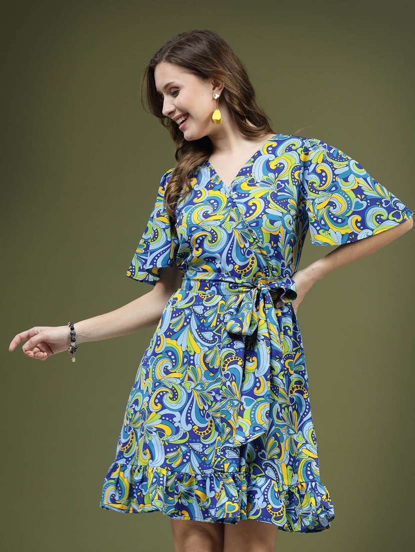 blue all over printed belt detailed a-line dress - 20644435 -  Standard Image - 2