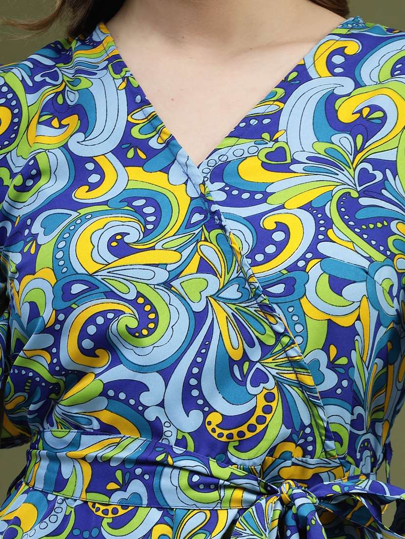 blue all over printed belt detailed a-line dress - 20644435 -  Standard Image - 7