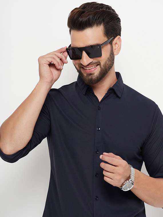 navy blue solid casual shirt - 20644820 -  Standard Image - 2