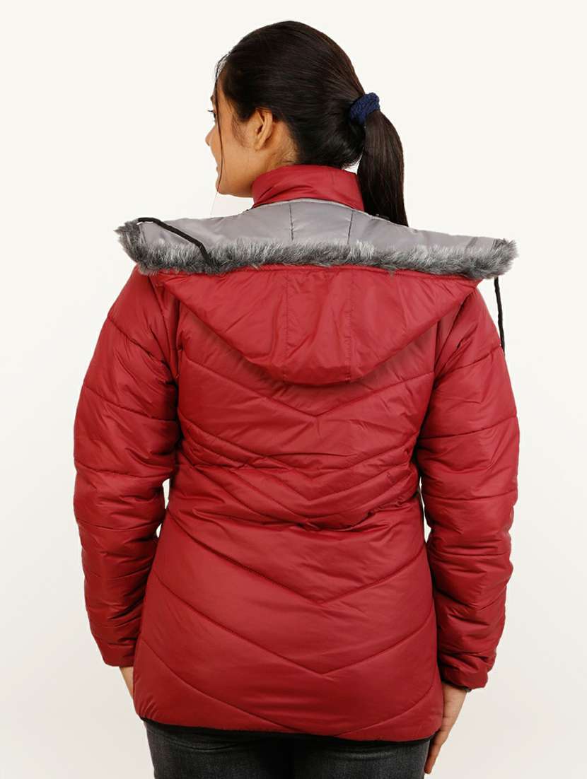 women maroon solid hooded quilted jacket - 20644907 -  Standard Image - 2