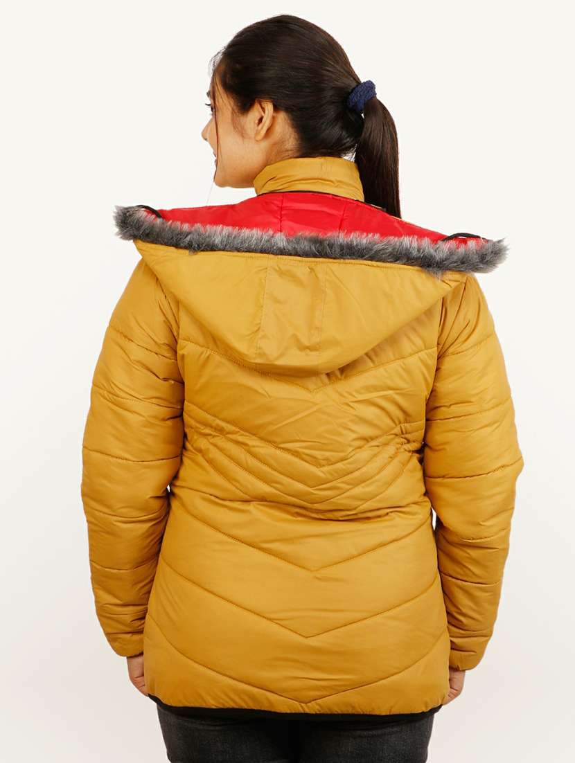 women mustard solid hooded quilted jacket - 20644912 - Standard Image - 2