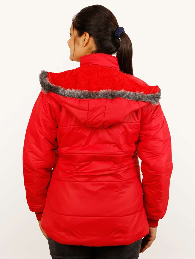 women red solid hooded quilted jacket - 20644917 - Standard Image - 2