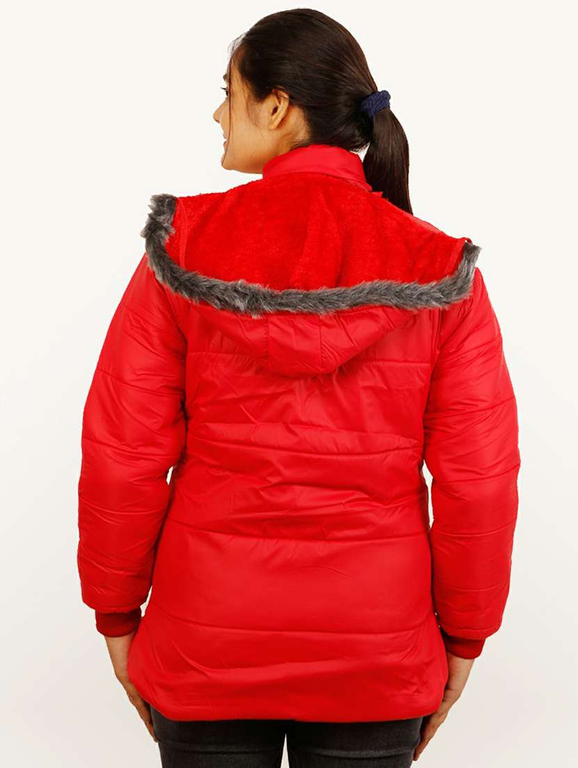 women red solid hooded quilted jacket - 20644921 - Standard Image - 2