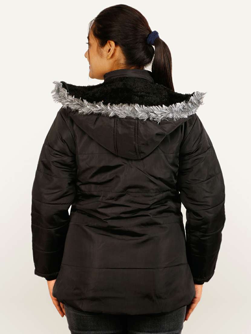 women black solid hooded quilted jacket - 20644923 - Standard Image - 2