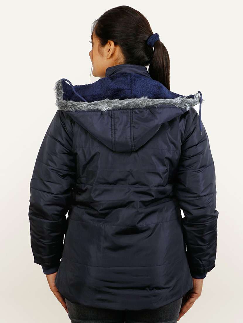 women navy blue solid hooded quilted jacket - 20644924 - Standard Image - 2