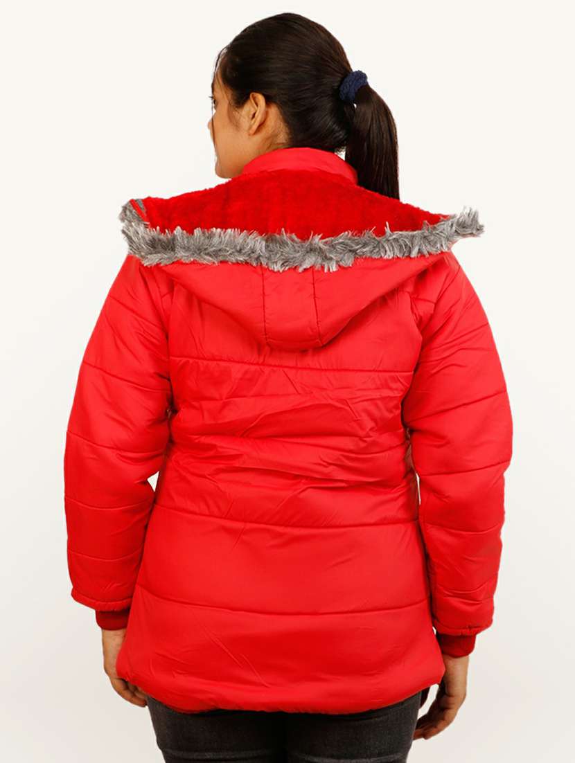 women red solid hooded quilted jacket - 20644925 - Standard Image - 2