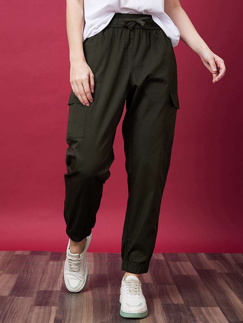 globus women olive mid-rise elasticated drawstring waist cargo joggers