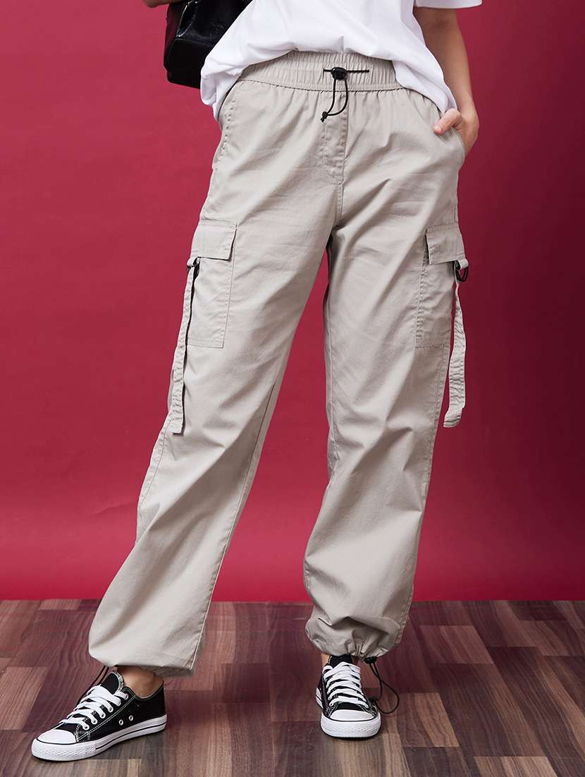 globus women steel grey mid-rise elasticated drawstring waist cargo joggers