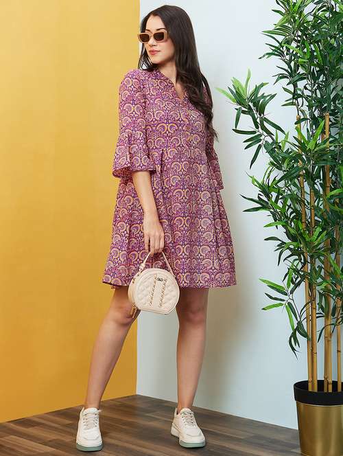 women bell sleeved printed a-line dress - 20646079 - Standard Image - 0