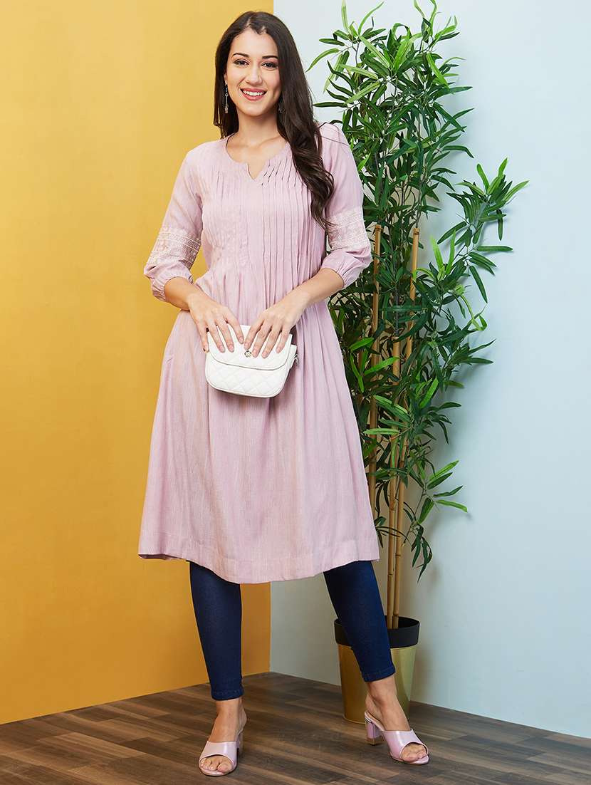 women lavender embroidered sleeves a-line kurta