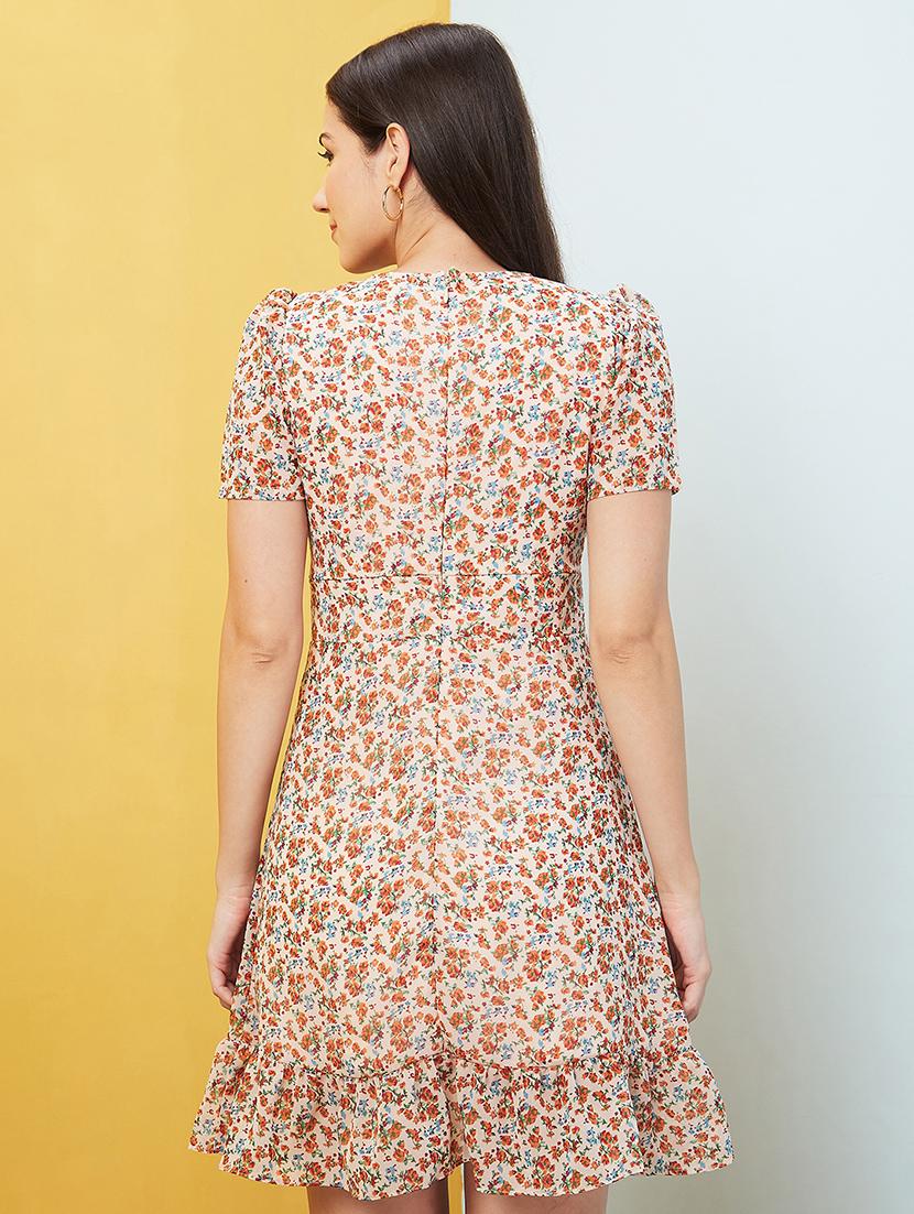 globus women orange allover floral printed puff sleeves fit & flare mini dress - 20646100 - Standard Image - 2