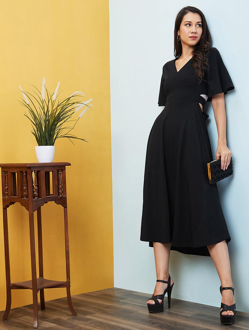 black solid fit & flare dress - 20646106 - Zoom Image - 0