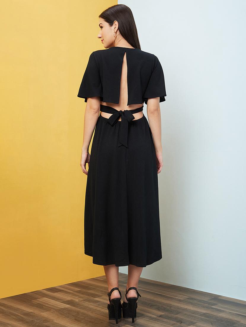 black solid fit & flare dress - 20646106 - Standard Image - 2