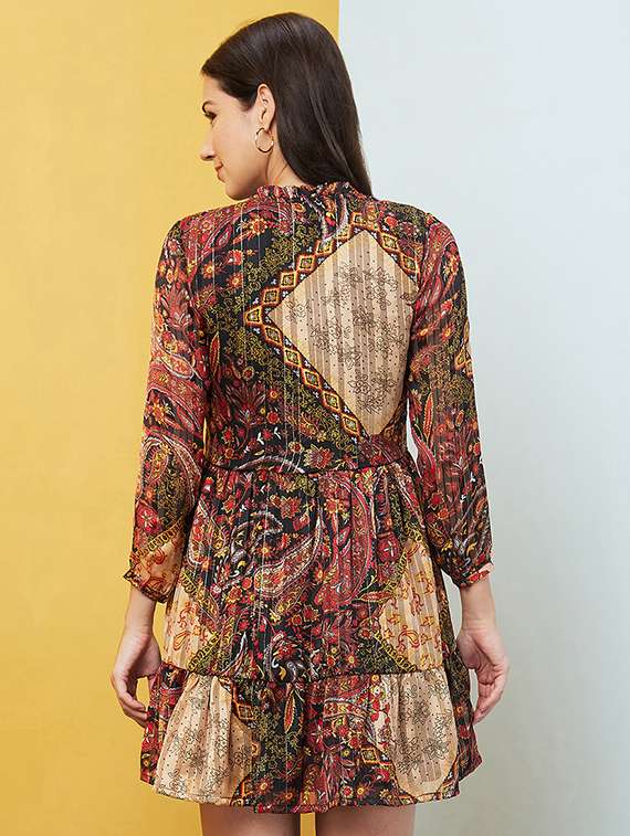 globus women multi black mandarin collar ethnic prints gathered fit & flare mini party dress - 20646109 -  Standard Image - 2