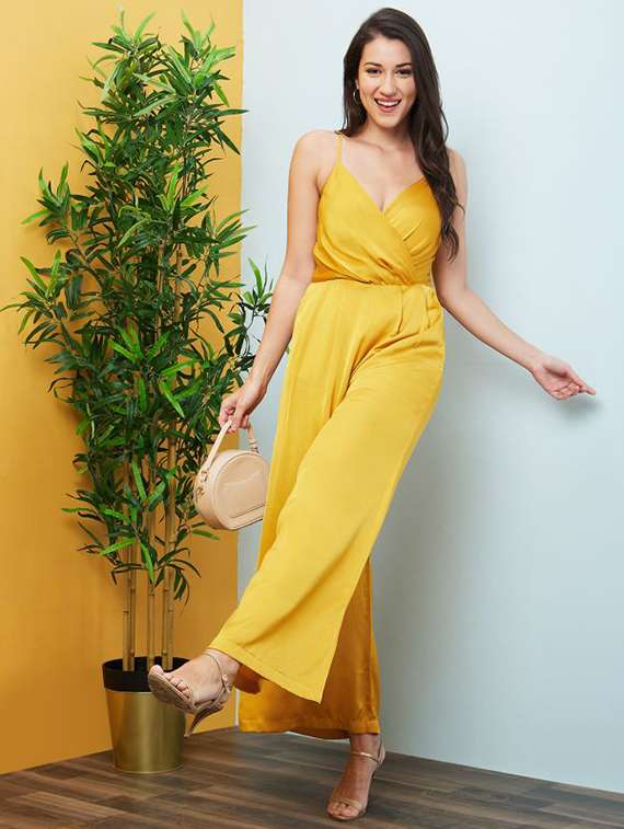 globus women yellow adjustable strappy shoulder wrap neck flared hem party jumpsuit 
